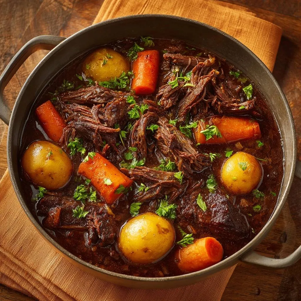 Slow-simmered red wine beef stew with potatoes and carrots, garnished with parsley in a dark bowl, overhead view.