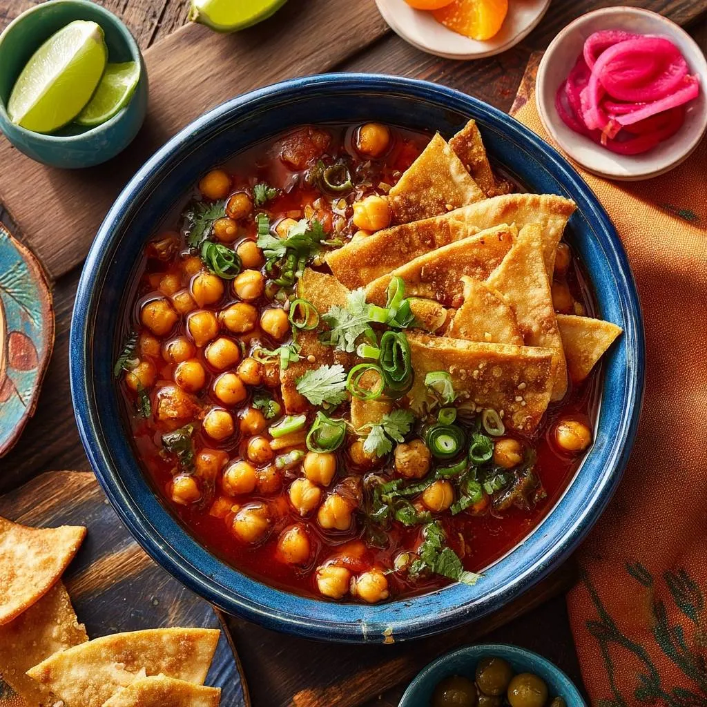Smoky chickpea stew with crispy tortilla chips served in a blue bowl, garnished with fresh cilantro and green onions.
