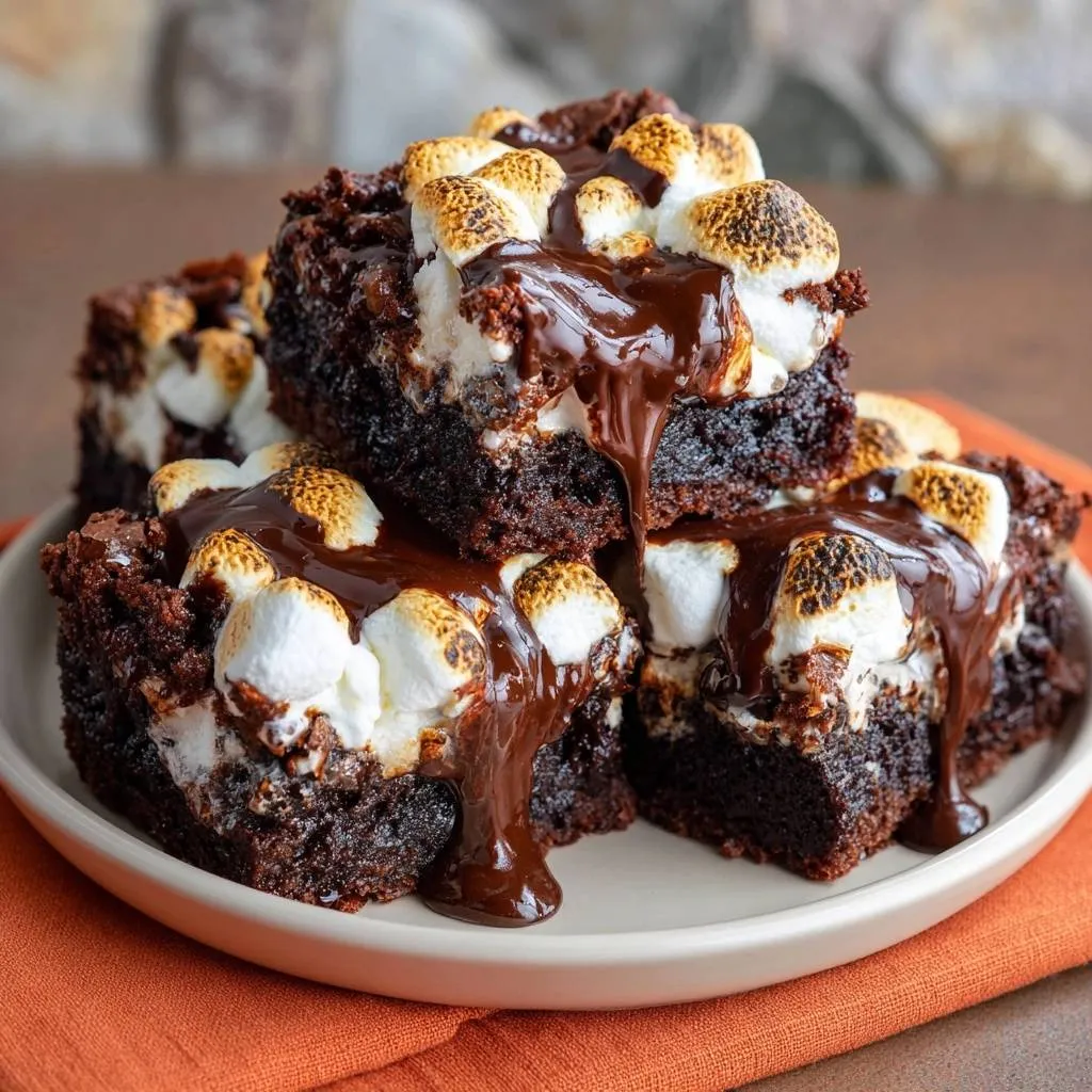 Gooey s'mores brownies with fudgy texture, topped with toasted marshmallows and a rich chocolate drizzle.