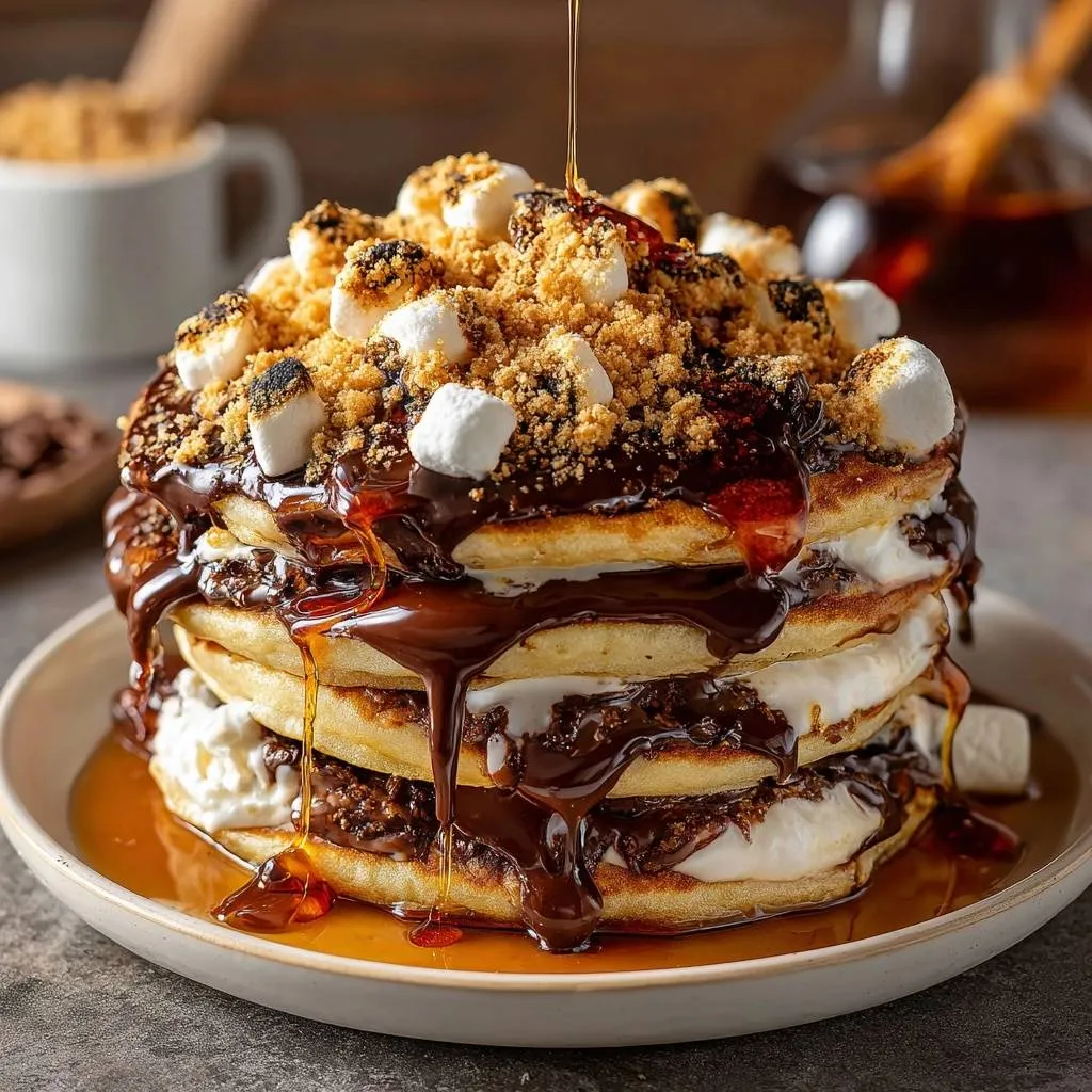 S'mores Pancakes, a tall stack dripping with chocolate sauce and topped with marshmallows and graham cracker crumbs.