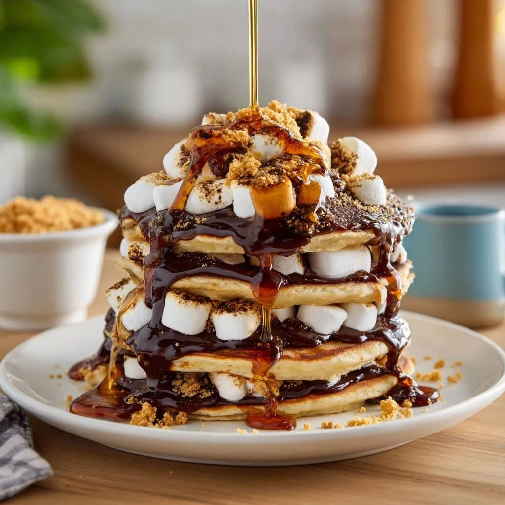 S'mores pancakes with marshmallows and chocolate syrup being poured with graham cracker crumbs.