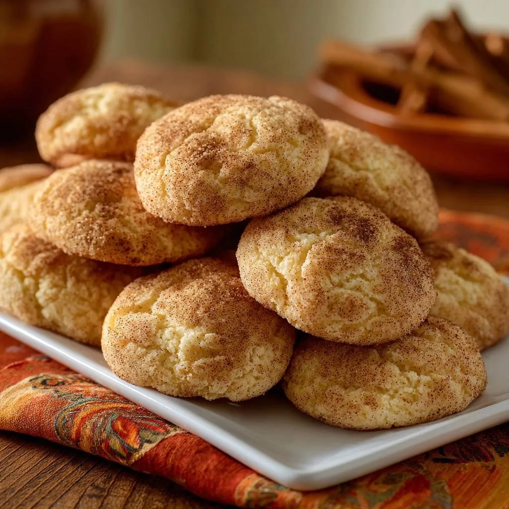 Perfect snickerdoodle cookies with a detailed view of their signature cinnamon-sugar coating on a white plate.
