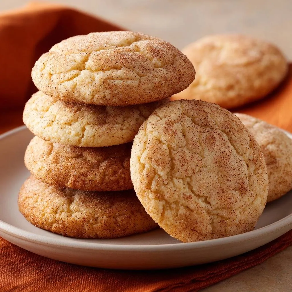 Soft and chewy snickerdoodles stacked high on a white plate, dusted with cinnamon sugar.