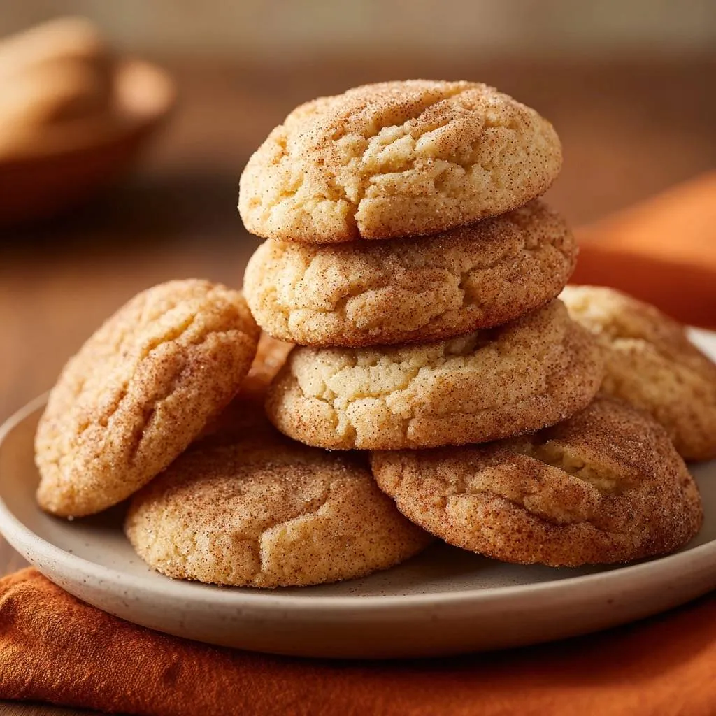 Soft and chewy snickerdoodles stacked on a plate, showcasing their cinnamon-sugar coating and rustic texture.
