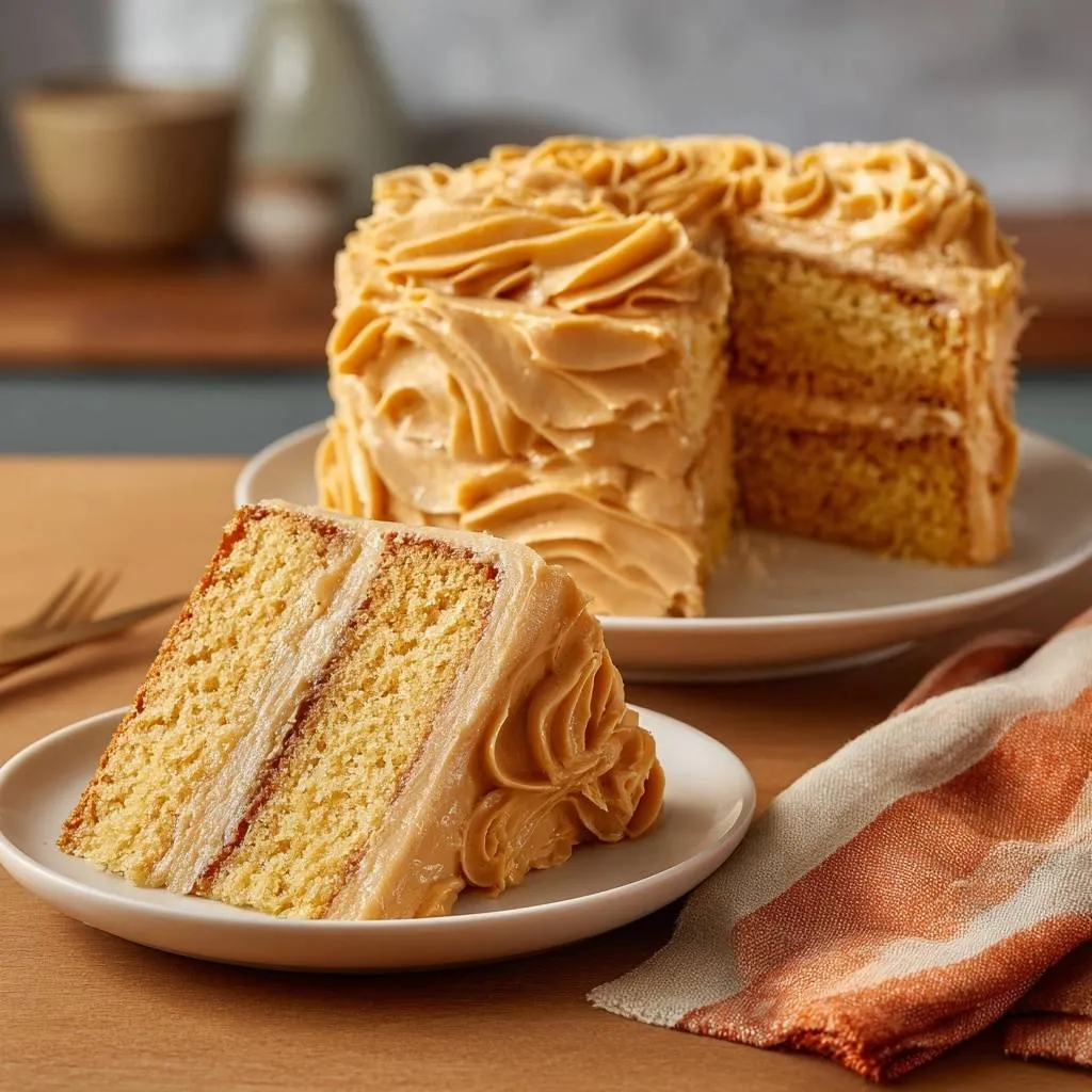 Southern caramel layer cake, a slice revealing its moist interior and creamy caramel frosting.