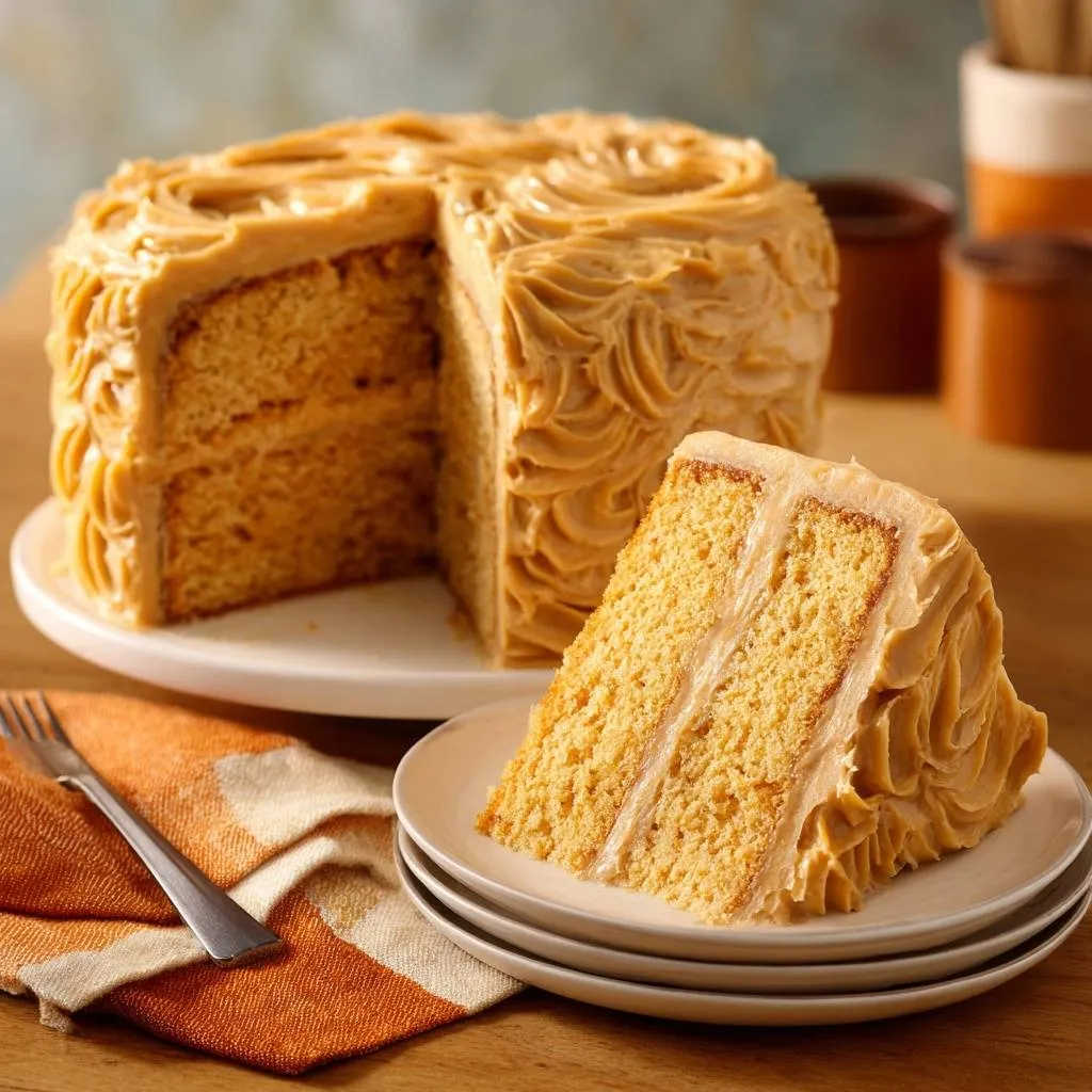 Southern caramel layer cake featuring a close-up cross-section of a slice with visible layers and frosting.