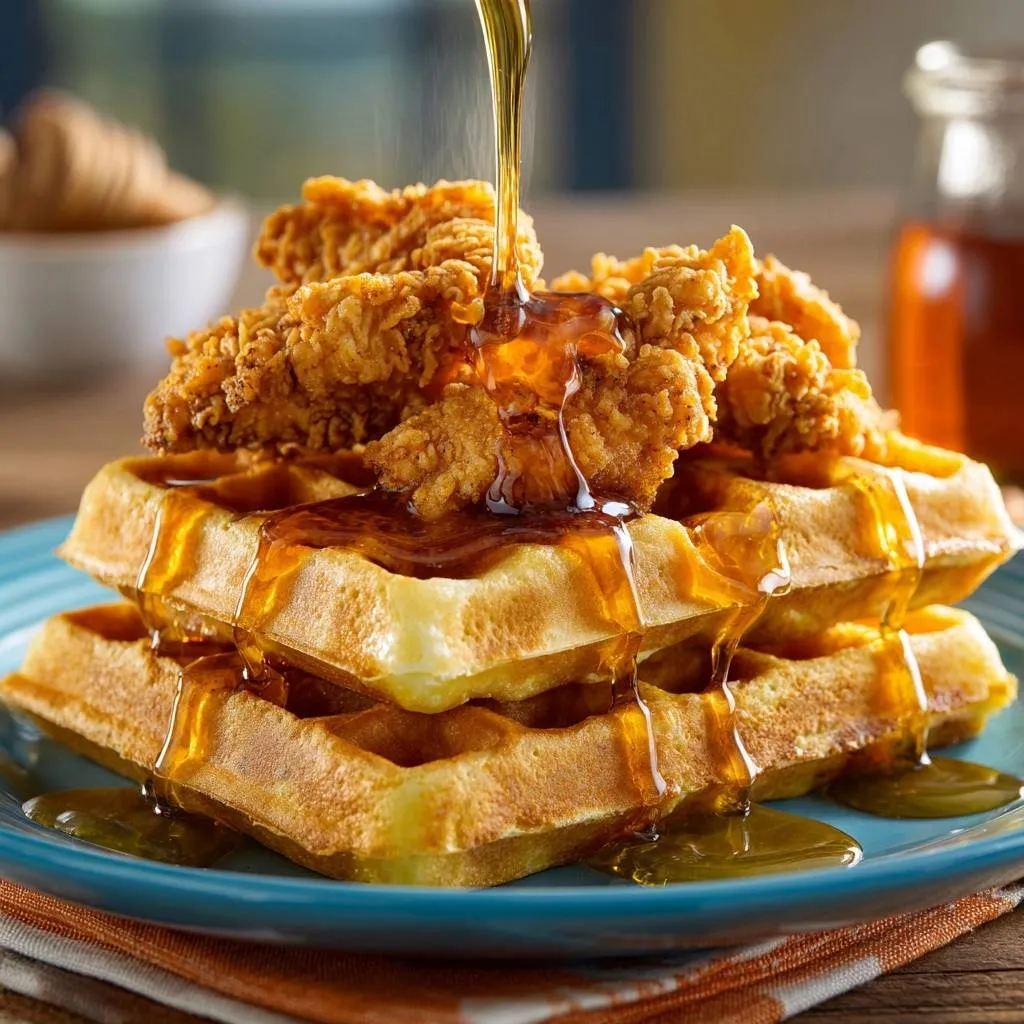 Southern fried chicken and waffles with a generous drizzle of golden syrup cascading over the stacked waffles.