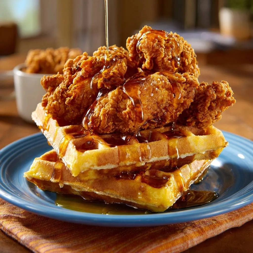Southern fried chicken and waffles served on a blue plate with syrup being drizzled over the top.