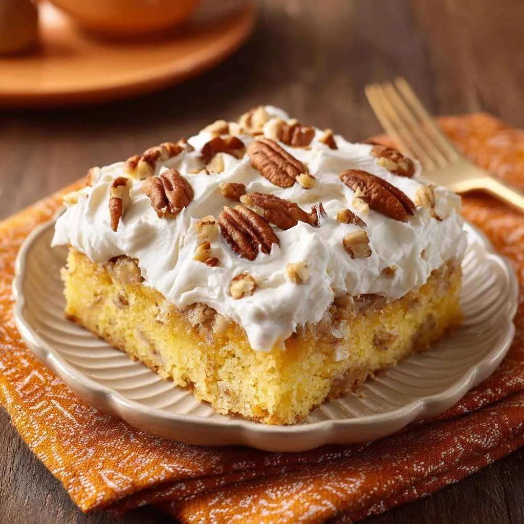 Southern Pecan Cake with No-Sink Pecans, a single slice topped with whipped cream and pecans on a plate.