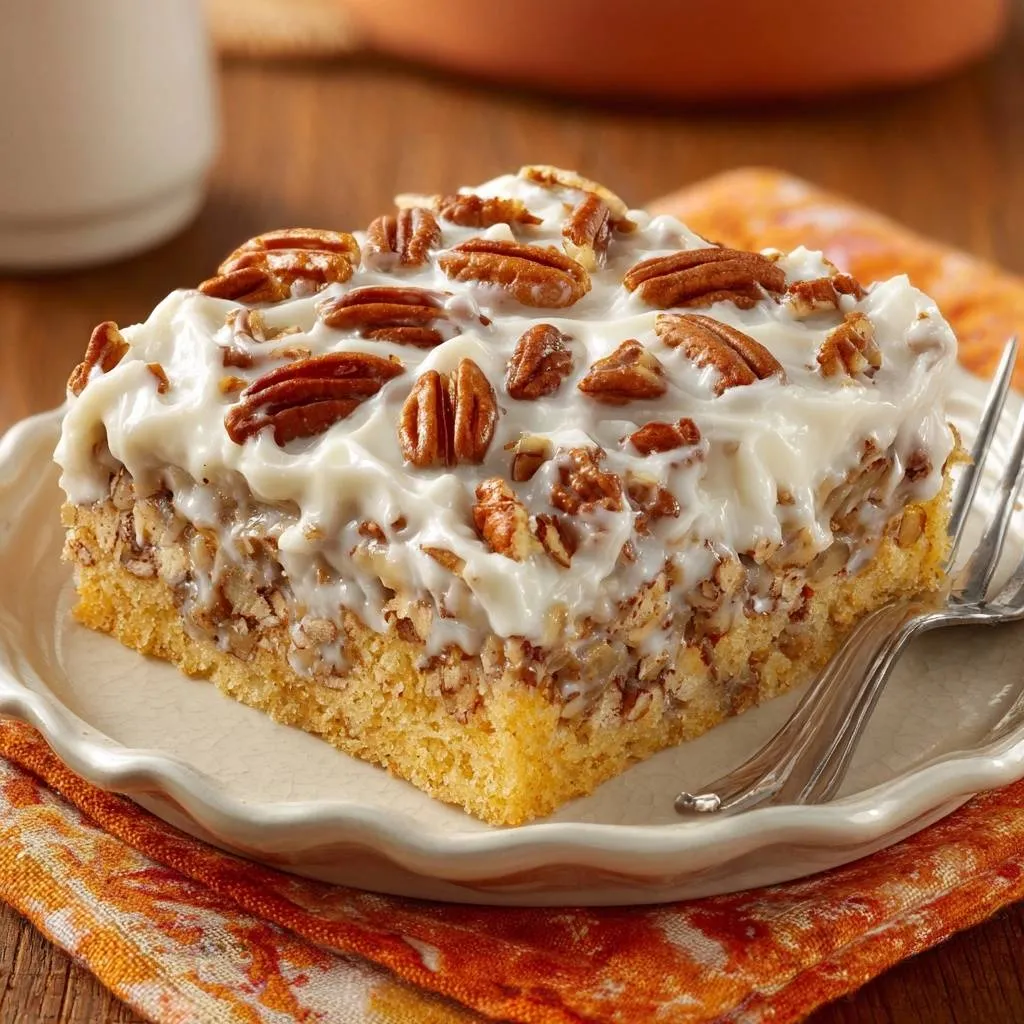 Southern pecan cake with no-sink pecans, a plated slice showing the cake's dense interior and creamy topping.