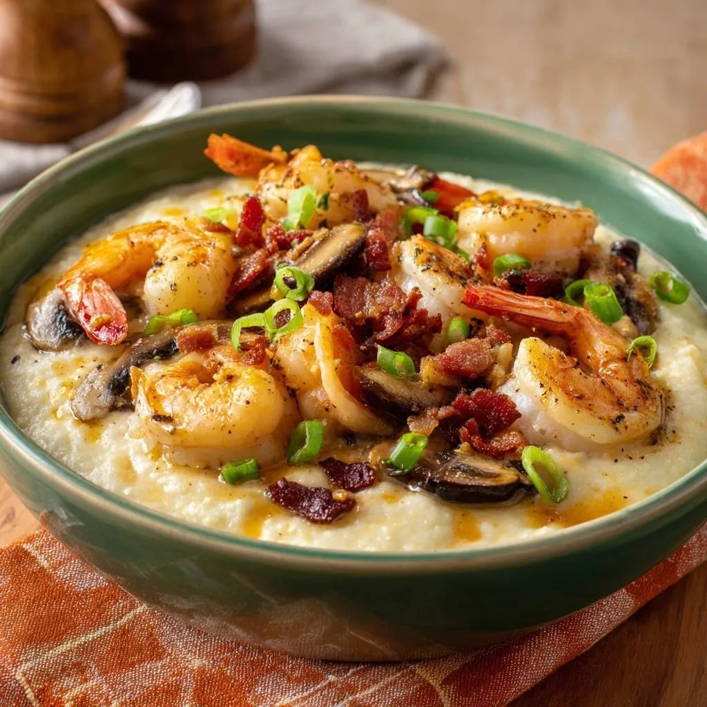 Southern shrimp and grits with bacon and mushrooms served in a green bowl, close-up view.