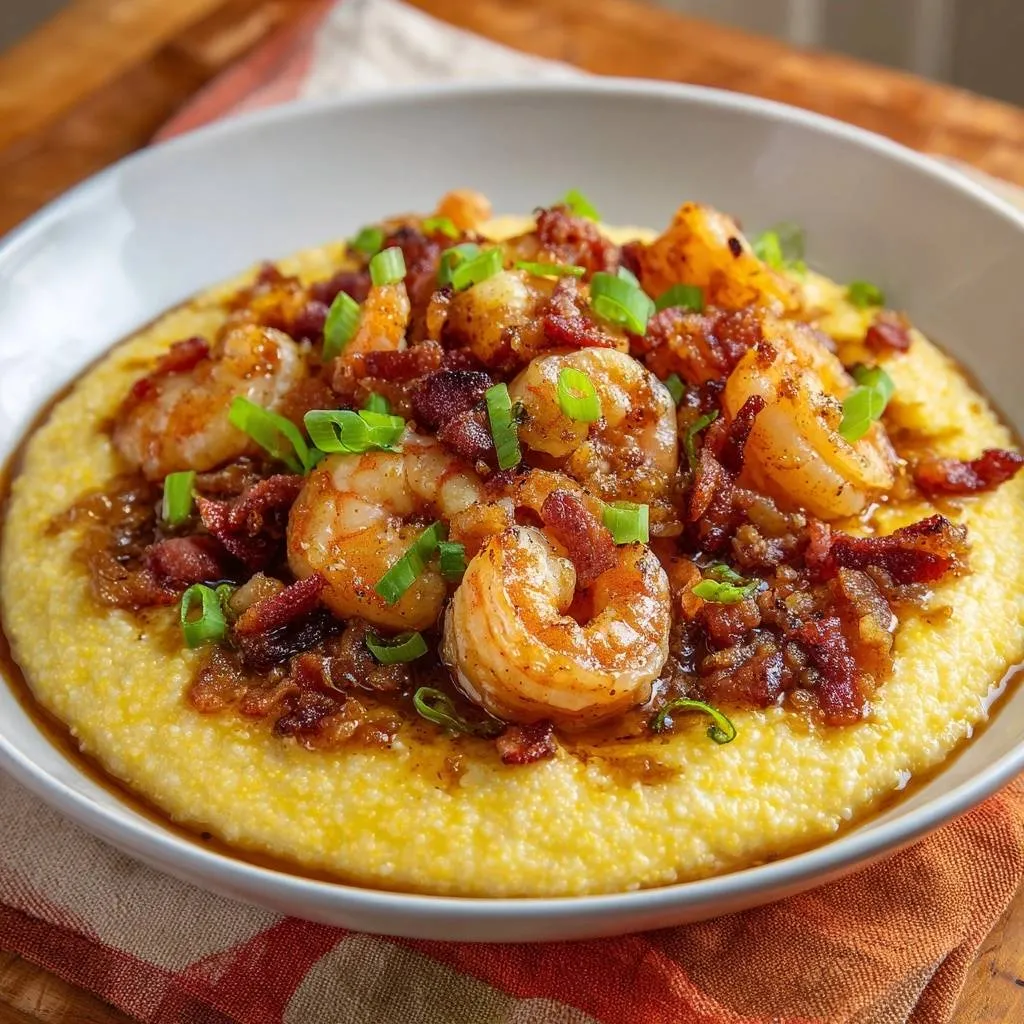 Southern shrimp and grits with a close-up view of the dish garnished with bacon and green onions.