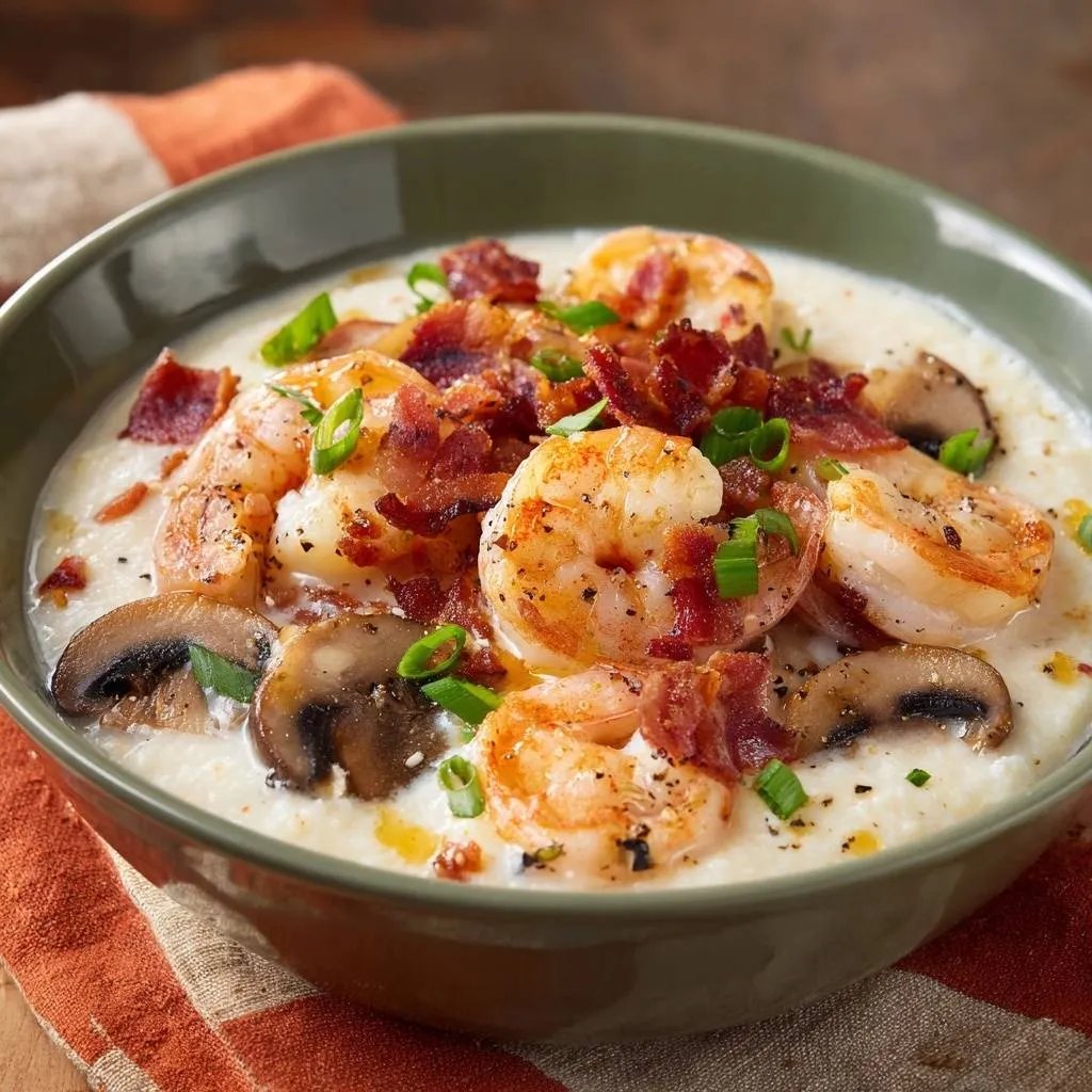 Southern shrimp and grits with a creamy no-lump technique, garnished with bacon and green onions.