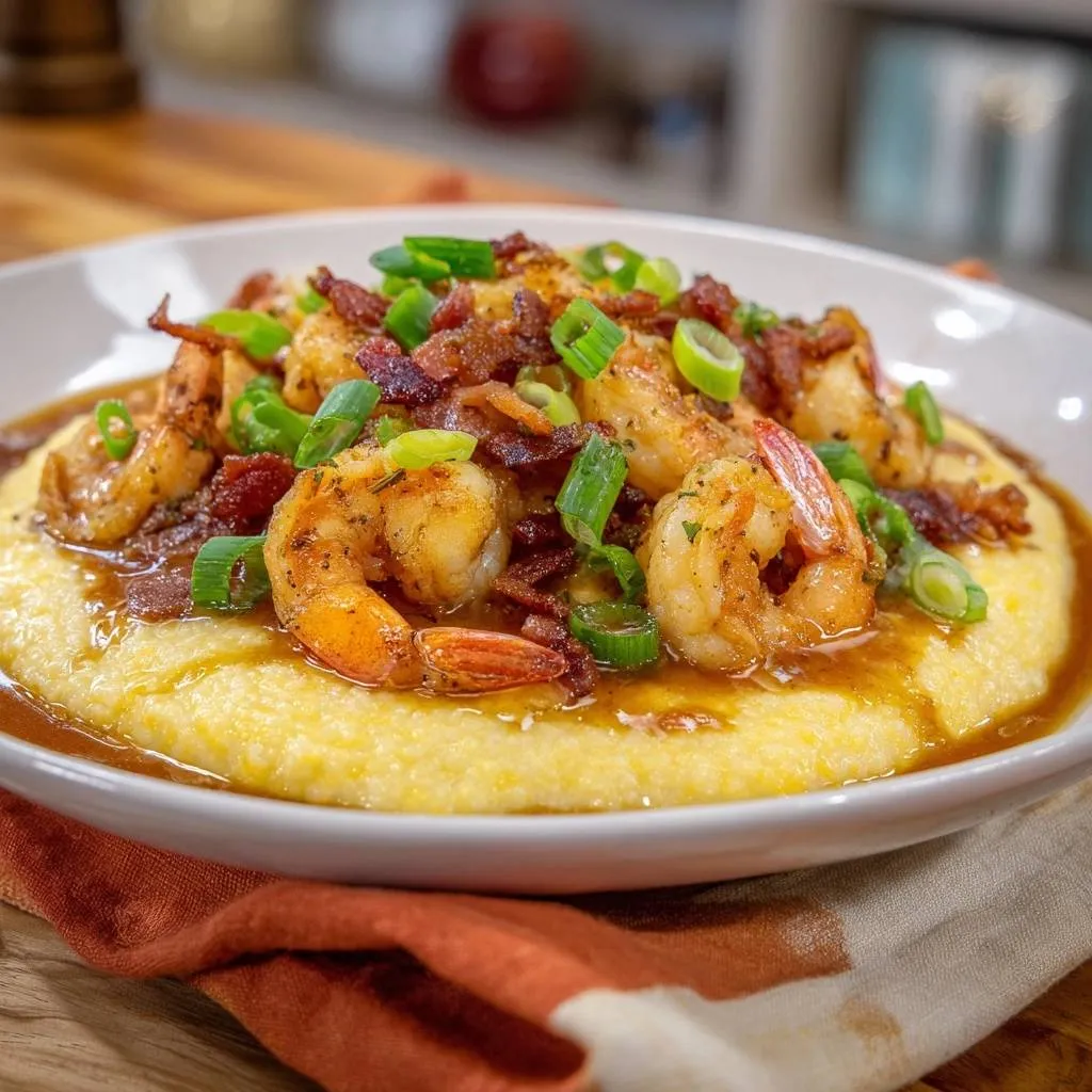 Southern shrimp and grits featuring a juicy sear technique with a topping of bacon and green onions.