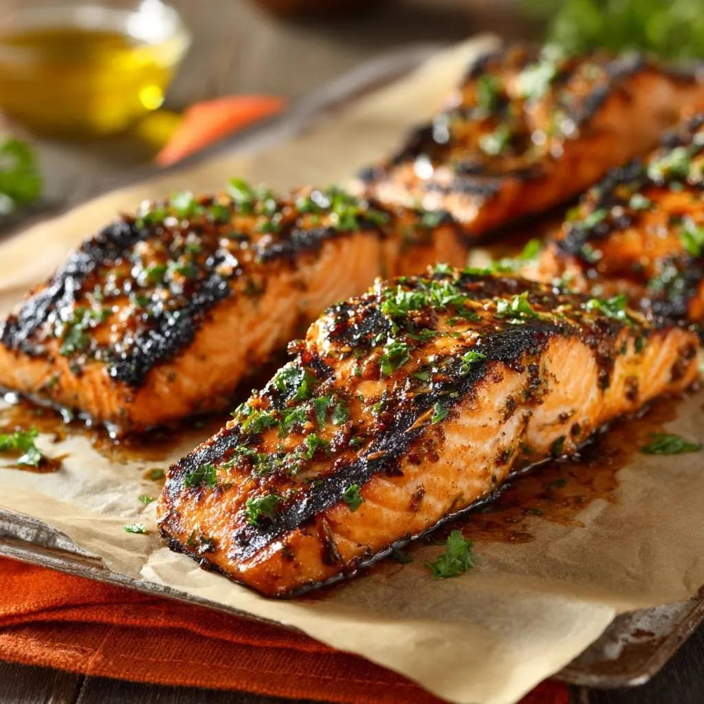 Soy glazed salmon with chimichurri, showcasing a close-up view of the glistening glaze and fresh herb topping.