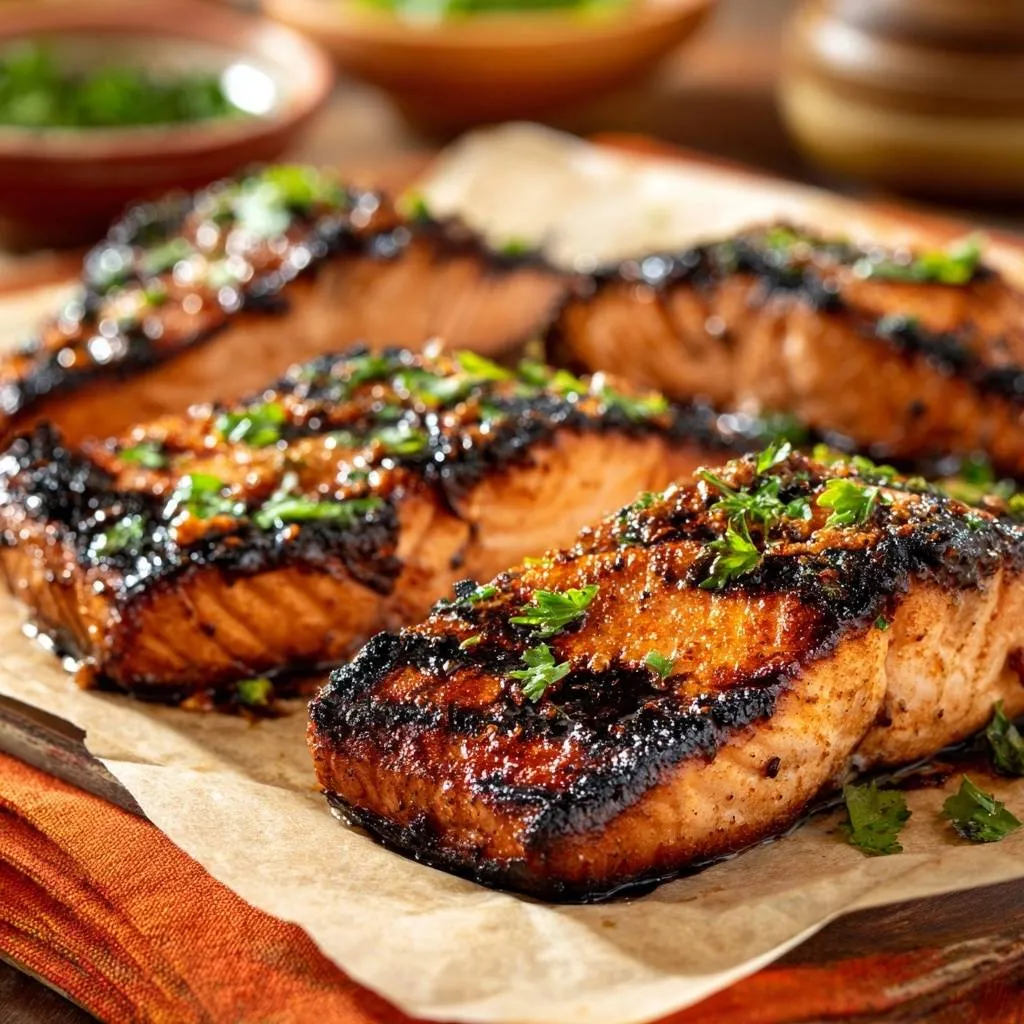 Soy glazed salmon with chimichurri, featuring a close-up view of the glistening, caramelized glaze and fresh herb garnish.