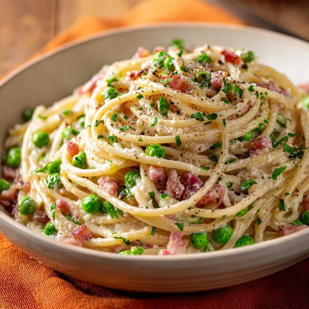 Creamy spaghetti carbonara with peas and pancetta in a close-up bowl, garnished with parsley and black pepper.