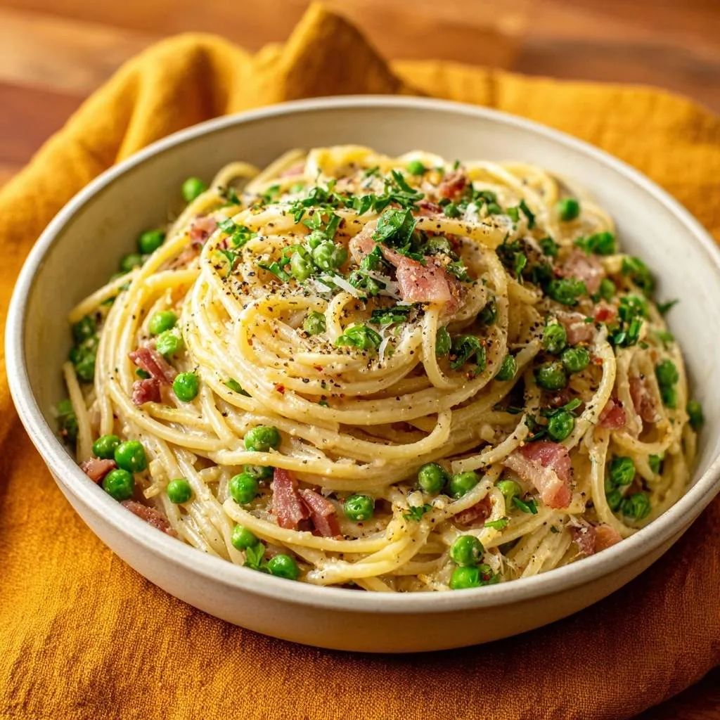 Creamy spaghetti carbonara with peas and pancetta, a close-up view in a white bowl.