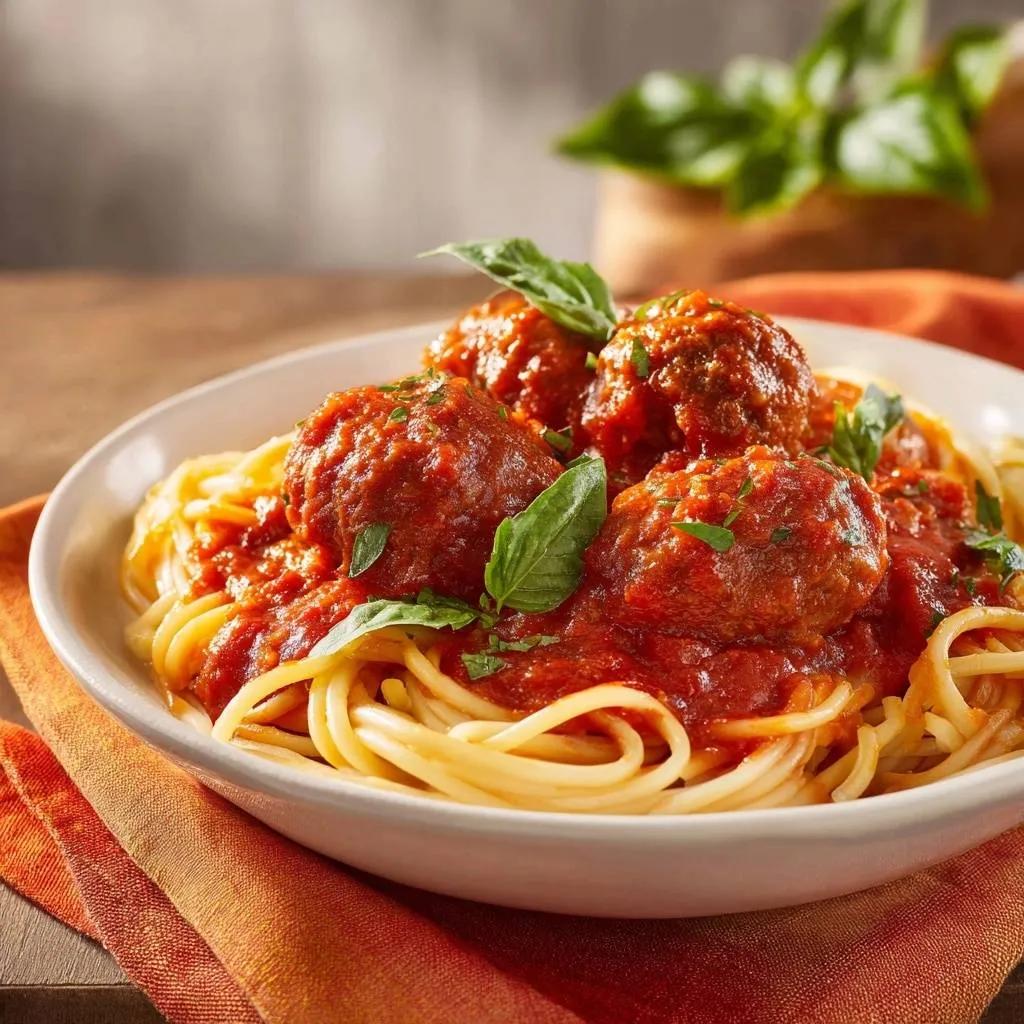 Spaghetti and meatballs with a close-up view of the garnished dish, showcasing fresh basil leaves.