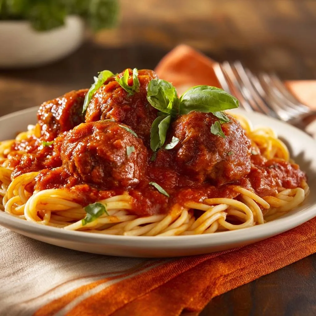 Spaghetti and meatballs plated with a close-up view of saucy meatballs and fresh basil garnish.