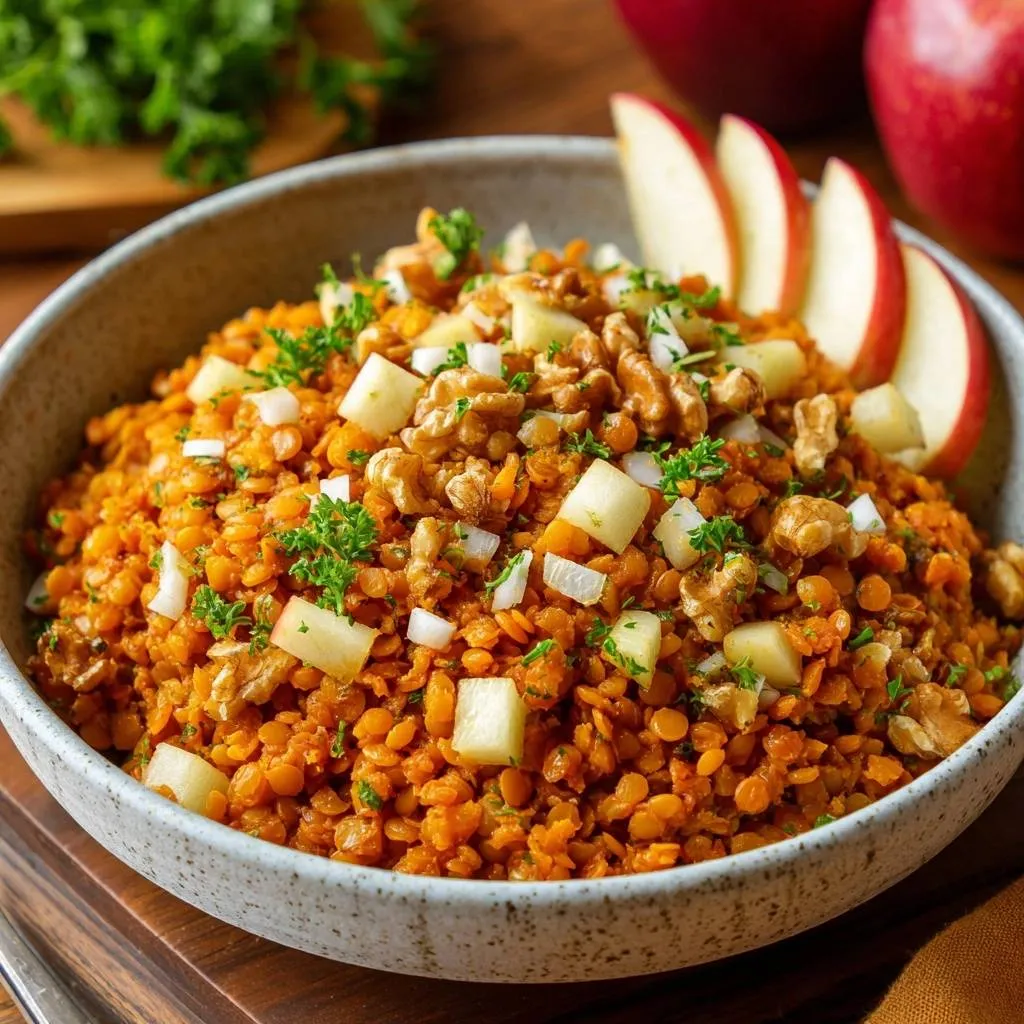 Spiced autumn lentil salad in a bowl, garnished with walnuts, apples, and fresh parsley.