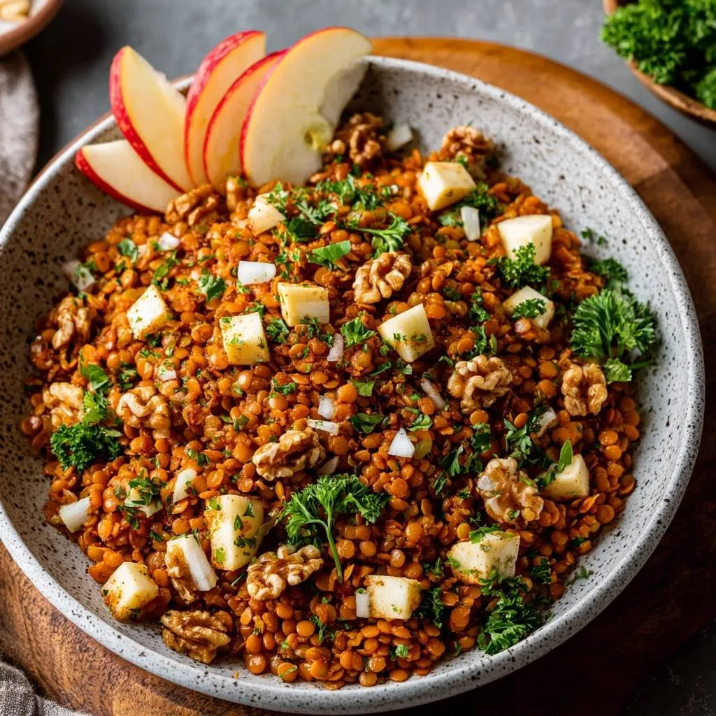 Spiced autumn lentil salad in a bowl, garnished with apple slices, walnuts, and fresh parsley, shown from an overhead perspective.