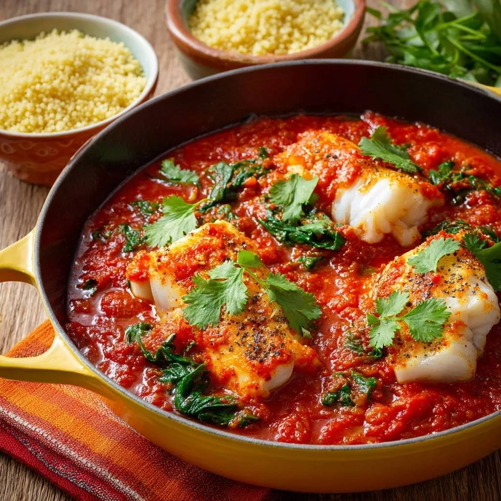 Spiced Cod in Tomato Spinach Sauce: Moist Fish Mastery - recipe image