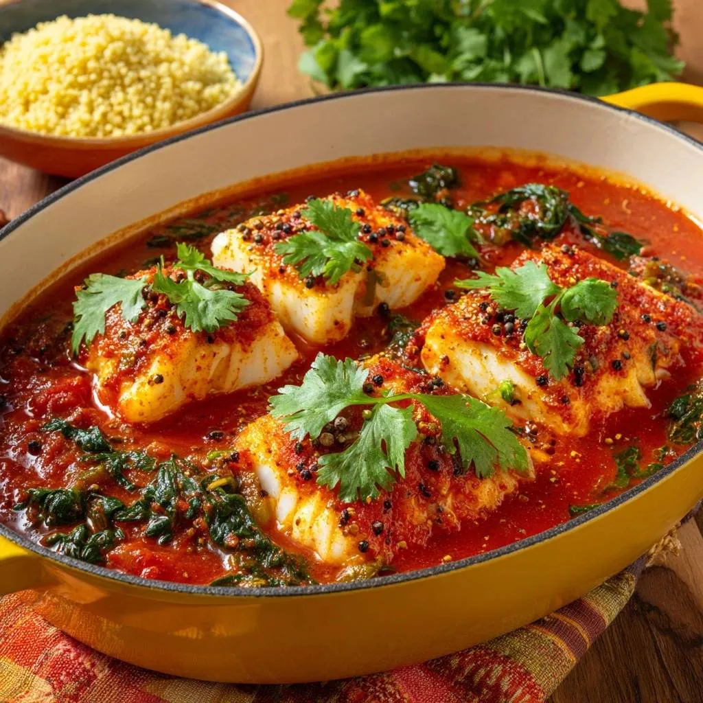 Spiced cod in tomato spinach sauce, a close-up view of one serving with fresh cilantro garnish.