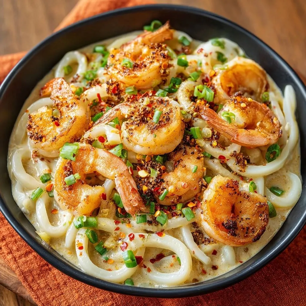Spicy creamy shrimp and squid udon with a close-up view showcasing the chili flake and scallion garnish.