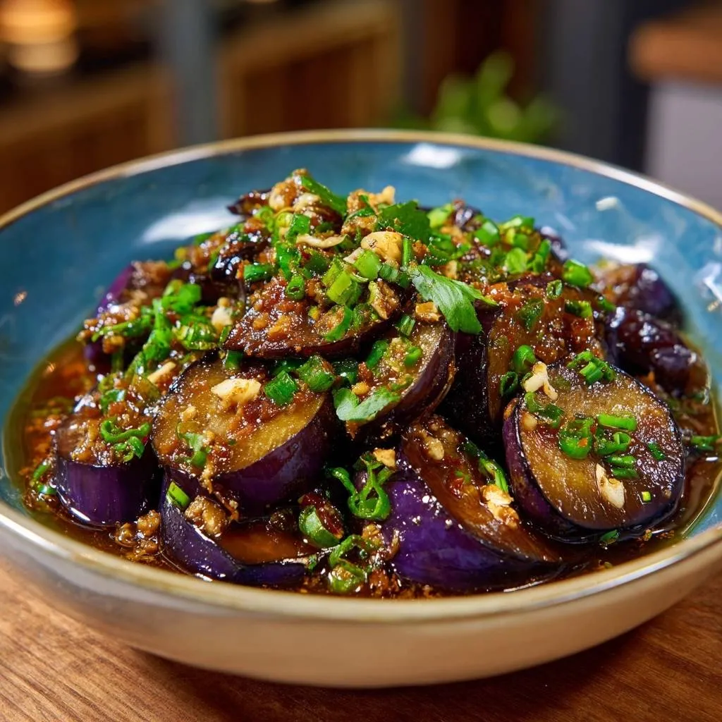 Spicy garlic eggplant featuring tender slices topped with fresh green onions and minced garlic in a savory sauce.