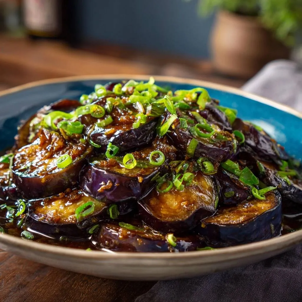Spicy garlic eggplant, sliced and glistening with a savory sauce, topped with fresh green onions.