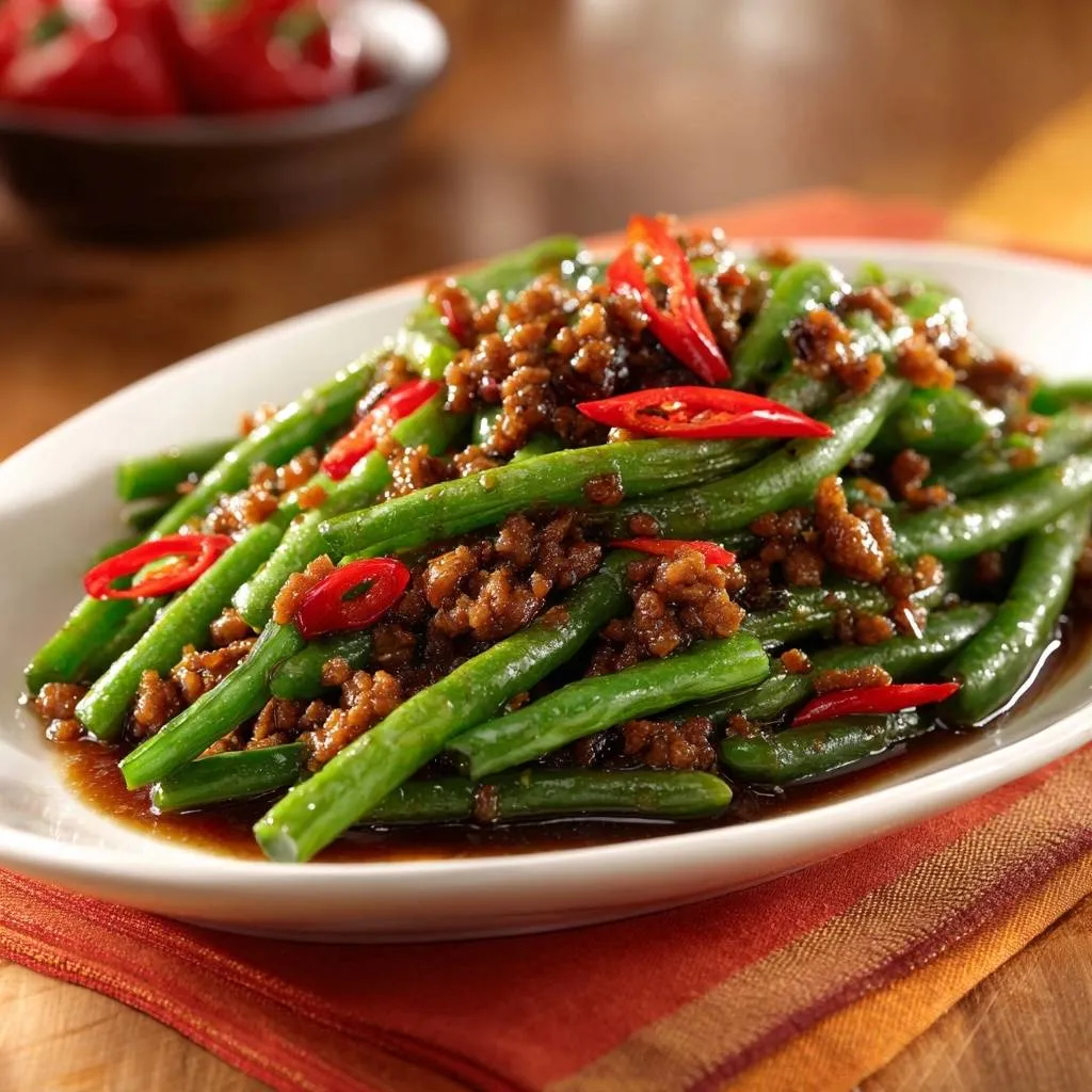 Spicy ground beef and green beans stir-fry garnished with sliced chili peppers, a close-up detail shot.