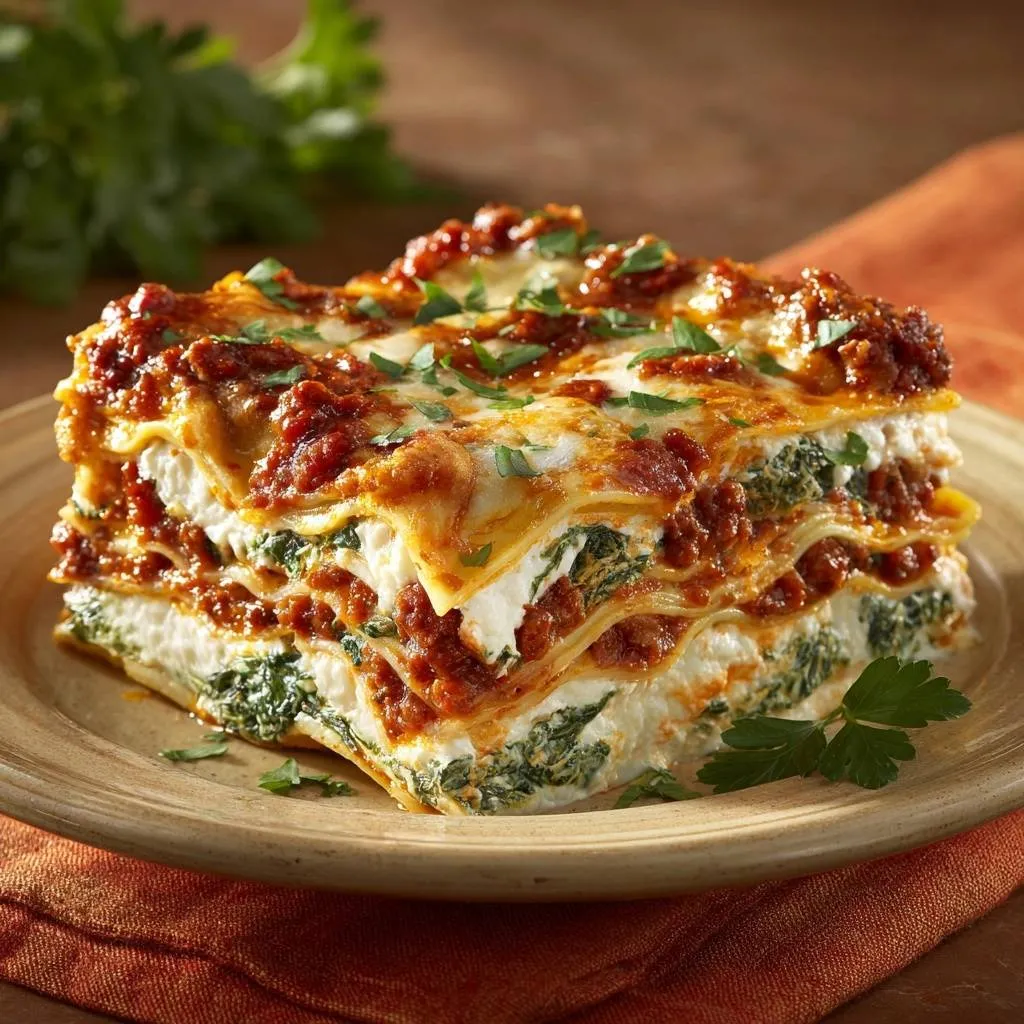 The ultimate spinach and beef lasagna shown as a close-up cross-section slice, revealing its layered structure.