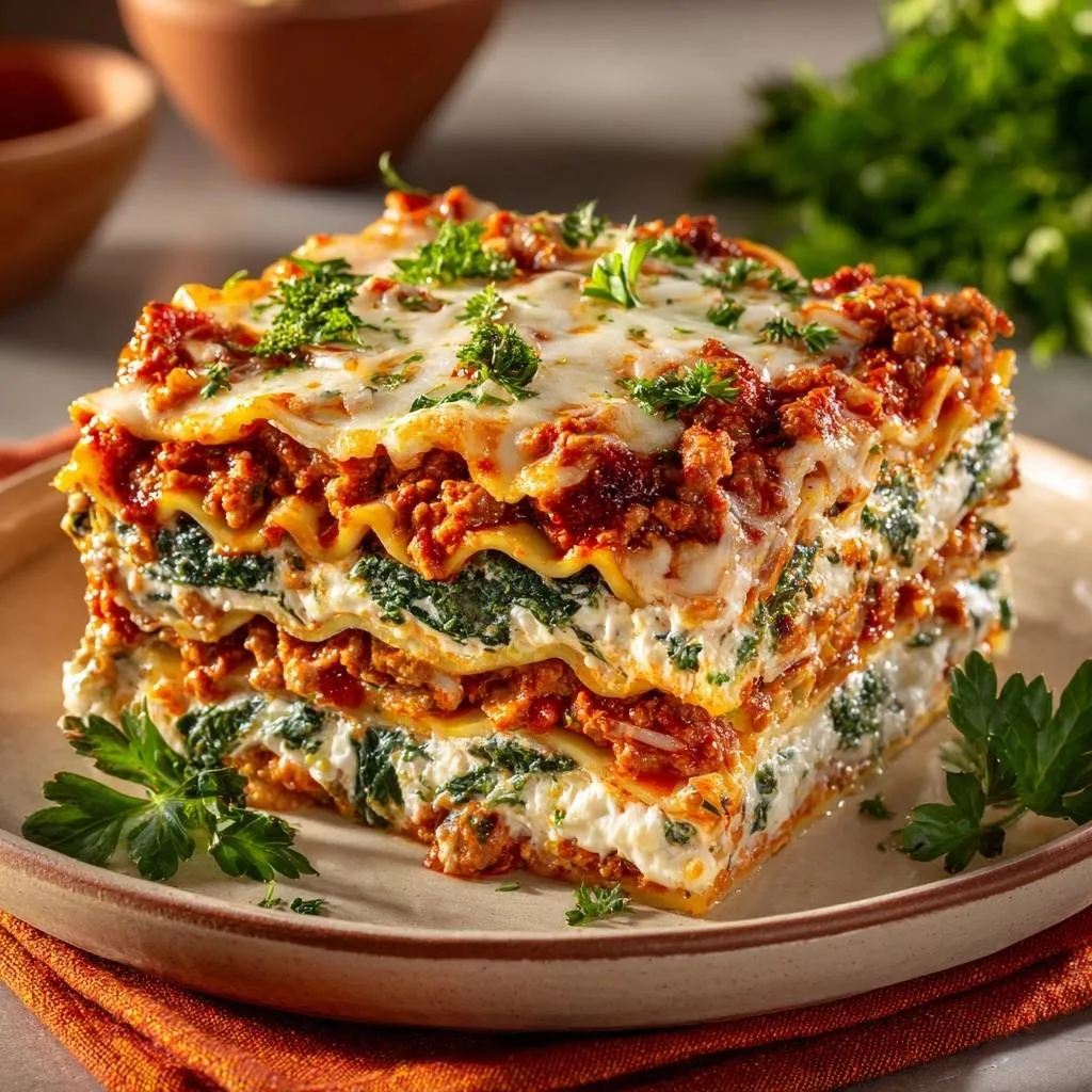 The Ultimate Spinach and Beef Lasagna cross-section slice showing layers of pasta, meat sauce, and creamy spinach filling.