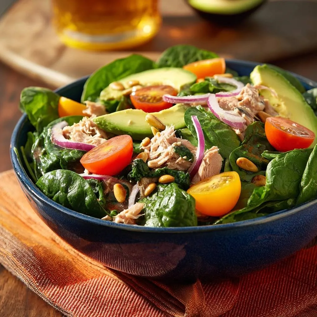 Spinach chicken avocado salad shown in a blue bowl with halved cherry tomatoes and sliced avocado.