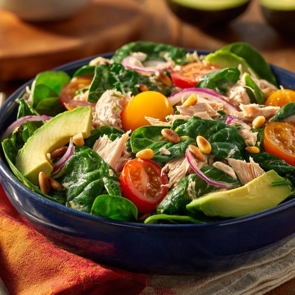 Spinach chicken avocado salad close-up in a blue bowl with fresh ingredients and pine nuts.