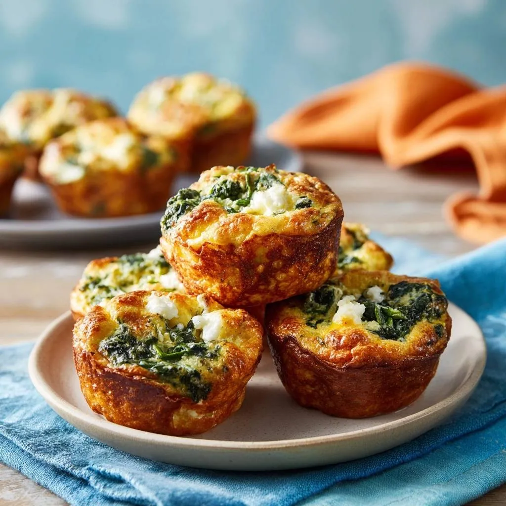 Spinach feta egg muffins, fluffy grab-and-go breakfast, stacked on a plate in a close-up view.