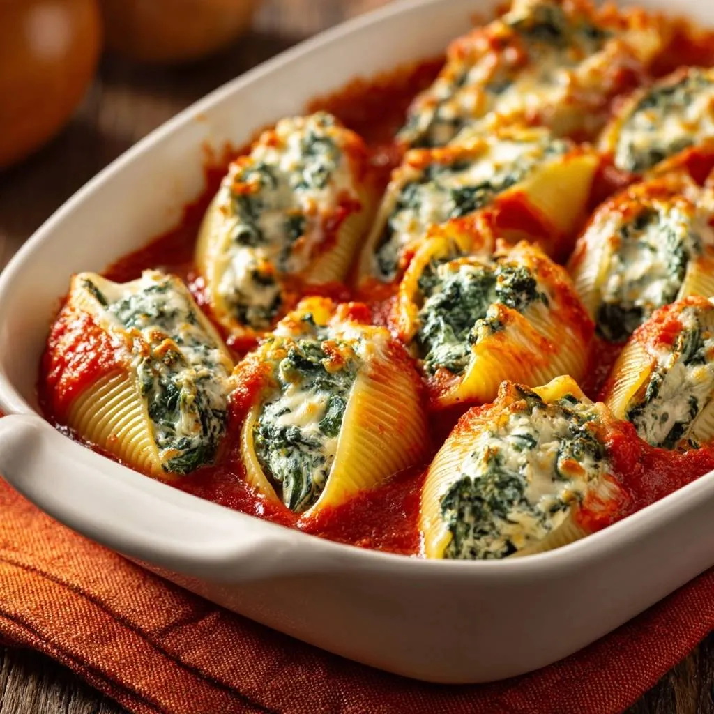 Spinach and ricotta stuffed shells, baked in tomato sauce, showcasing a close-up view of the creamy filling and pasta.