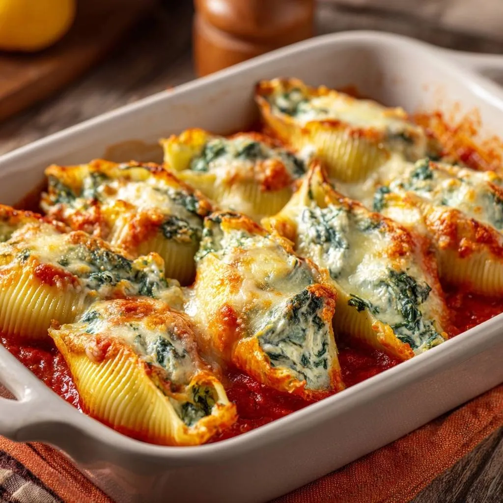 Spinach and ricotta stuffed shells baked in marinara sauce with melted cheese, shown in a close-up view.