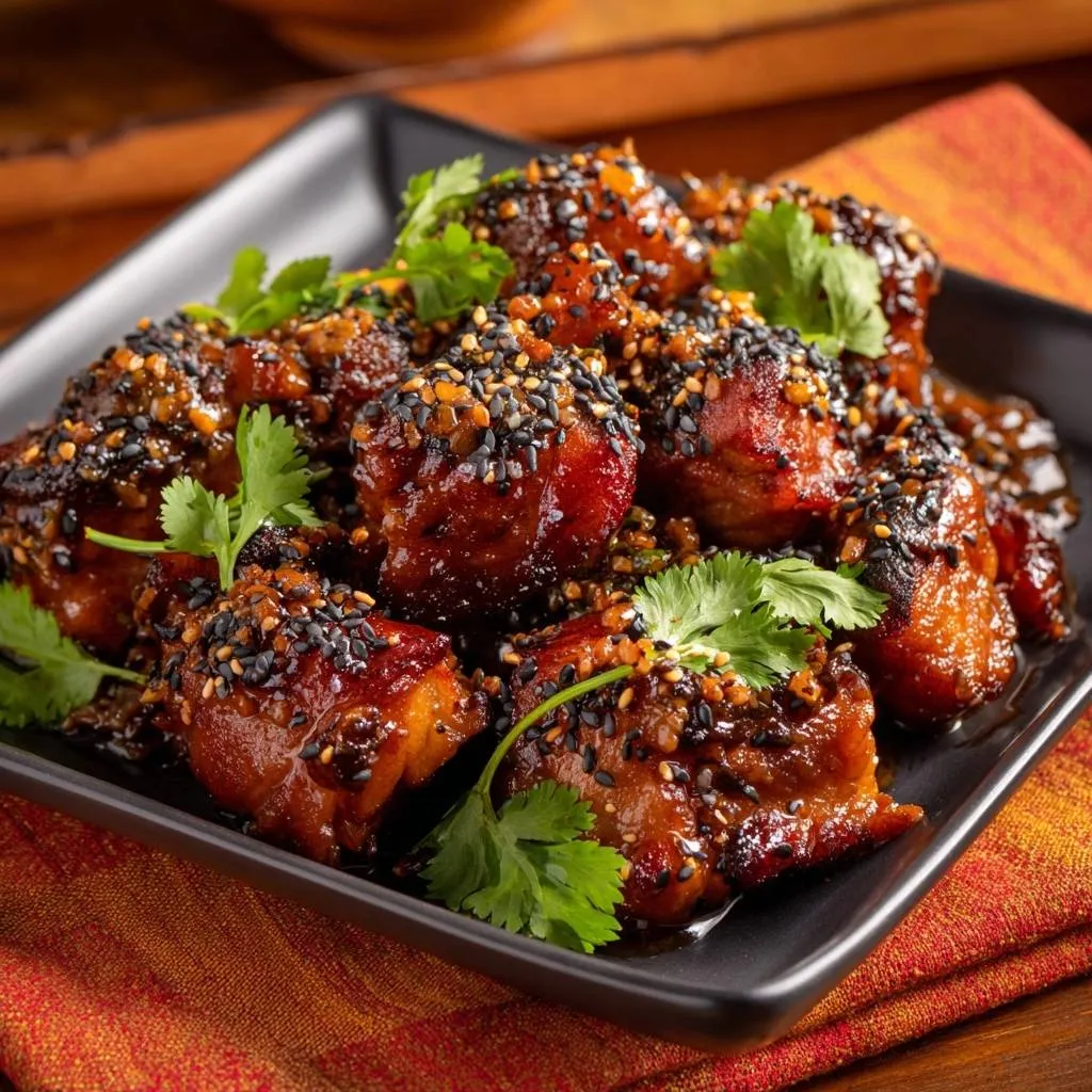 Sticky sesame chicken meatballs are shown glistening with glaze and garnished with fresh cilantro and sesame seeds.