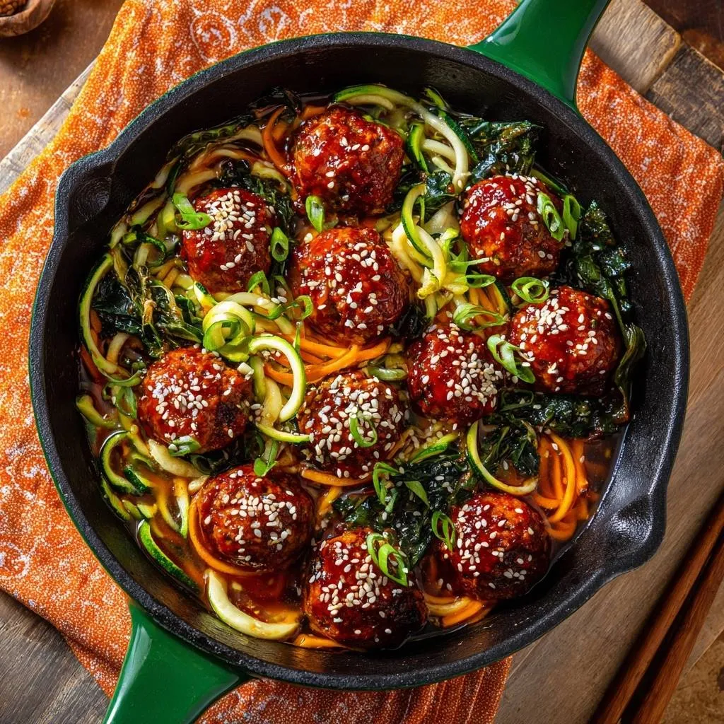 Sticky sesame ginger meatballs with zoodles and wilted greens served in a cast iron skillet from an overhead view.