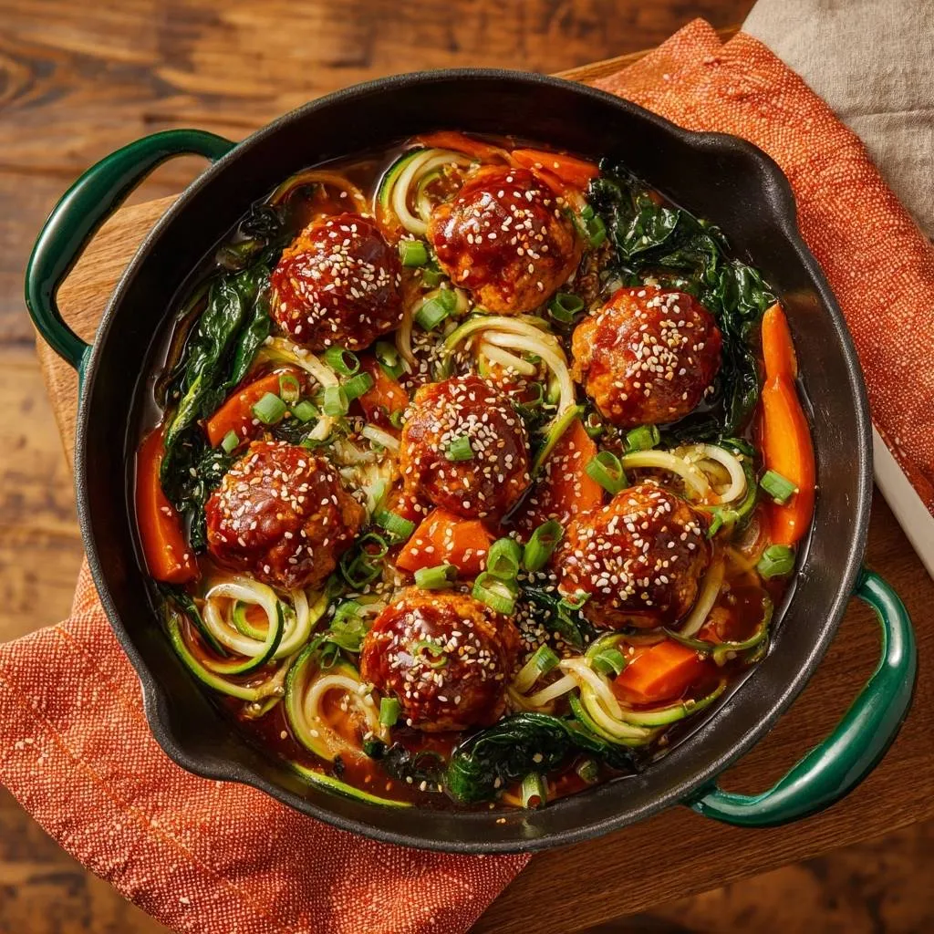 Sticky sesame ginger meatballs with zoodles and wilted greens in a skillet, viewed from overhead.