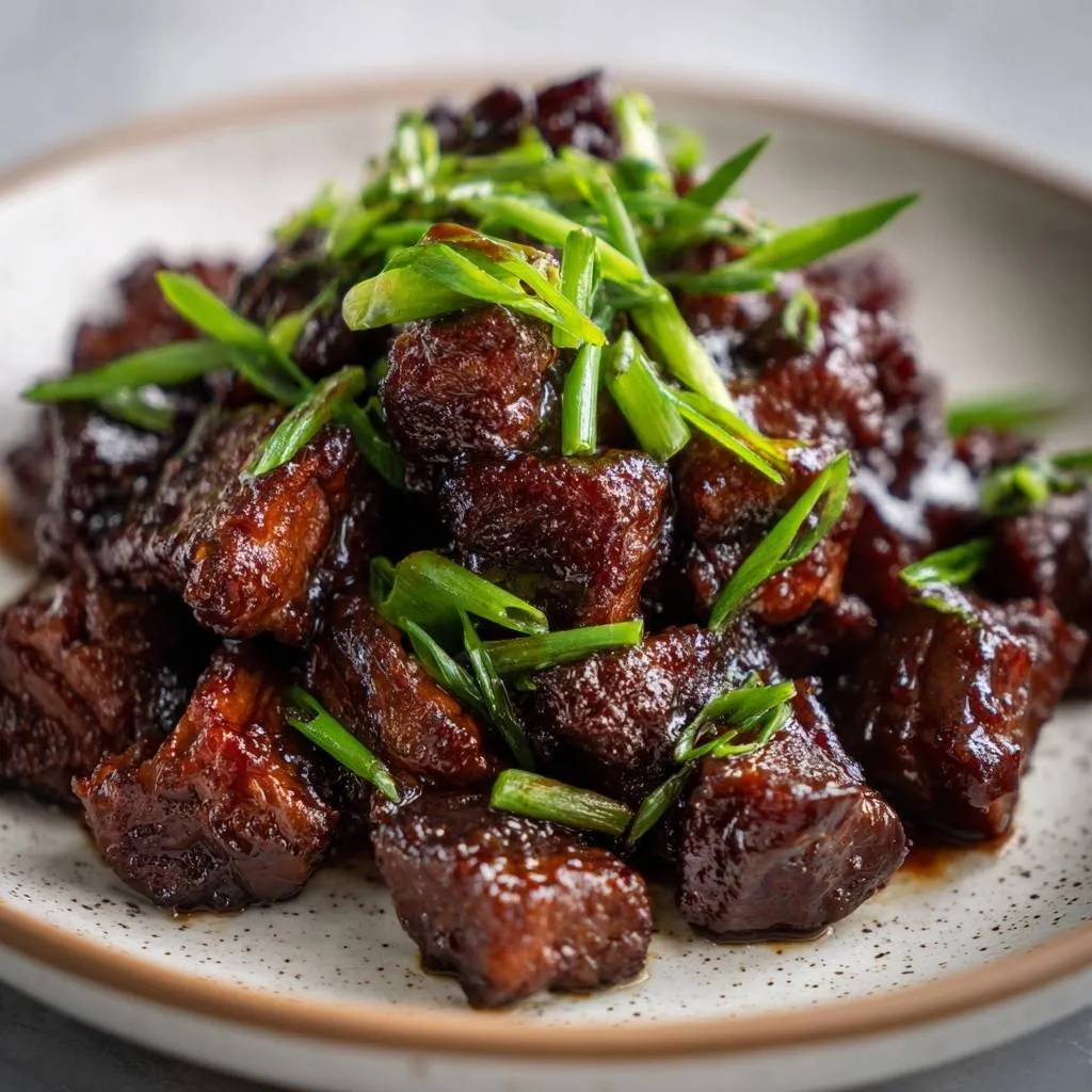Sticky soy braised beef cubes with a glossy glaze, generously garnished with chopped green onions.