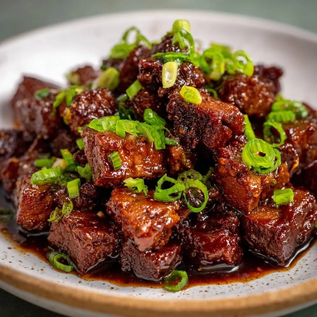 Sticky soy braised beef cubes glistening with a rich soy glaze, garnished with fresh green scallions.