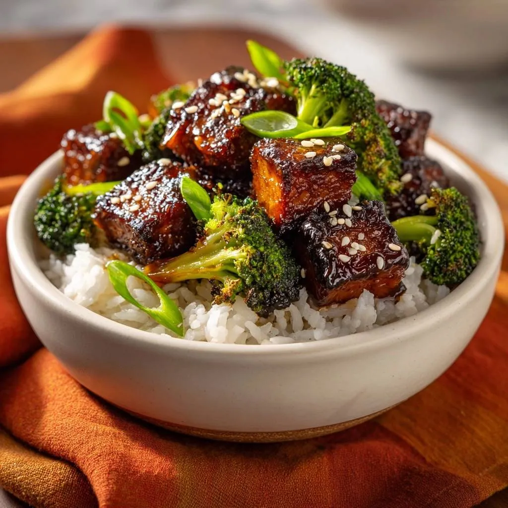 Sticky tofu broccoli rice bowl shown in a white bowl, garnished with sesame seeds and green onions.