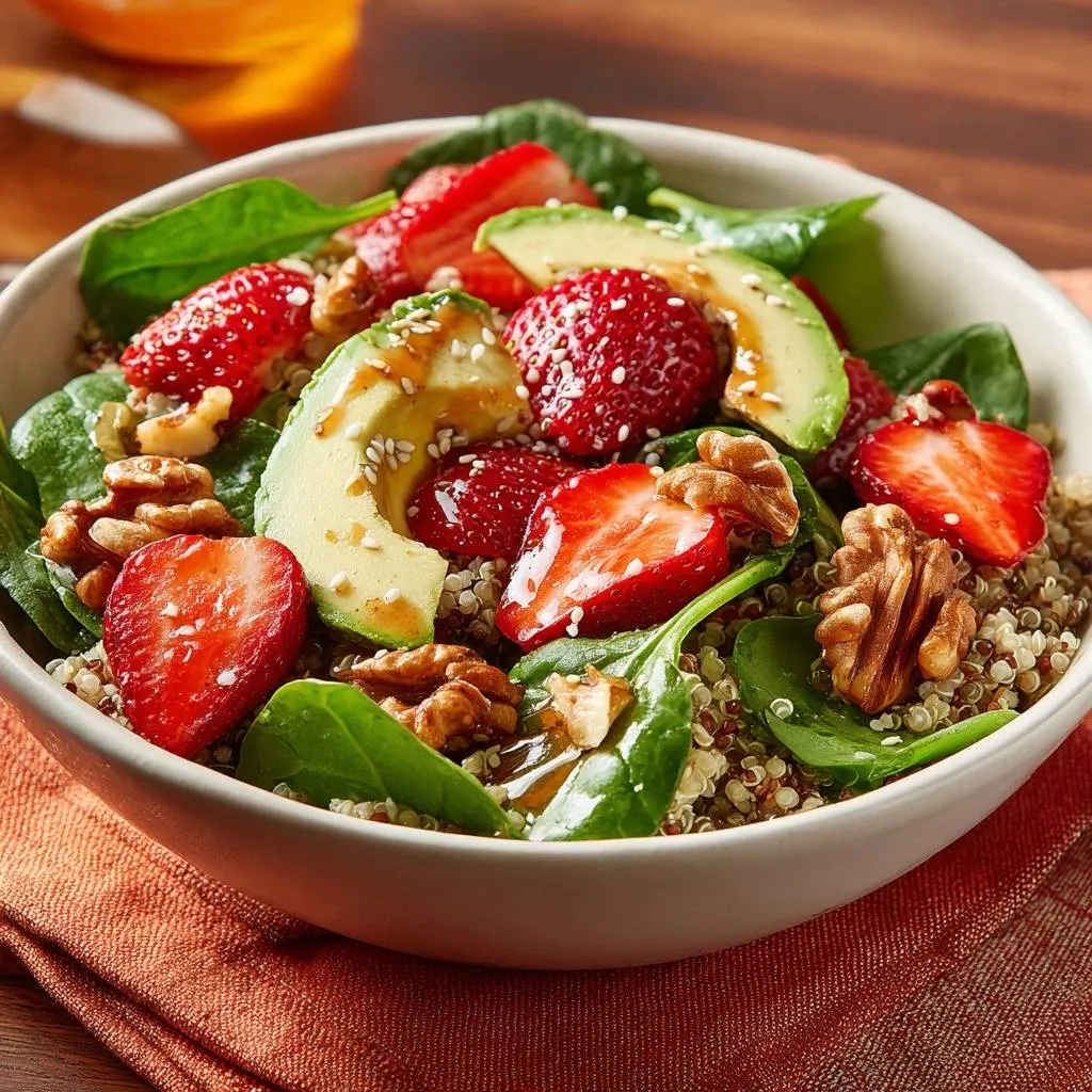 Strawberry avocado quinoa salad is presented in a close-up shot of a white bowl filled with fresh ingredients and a drizzle of dressing.