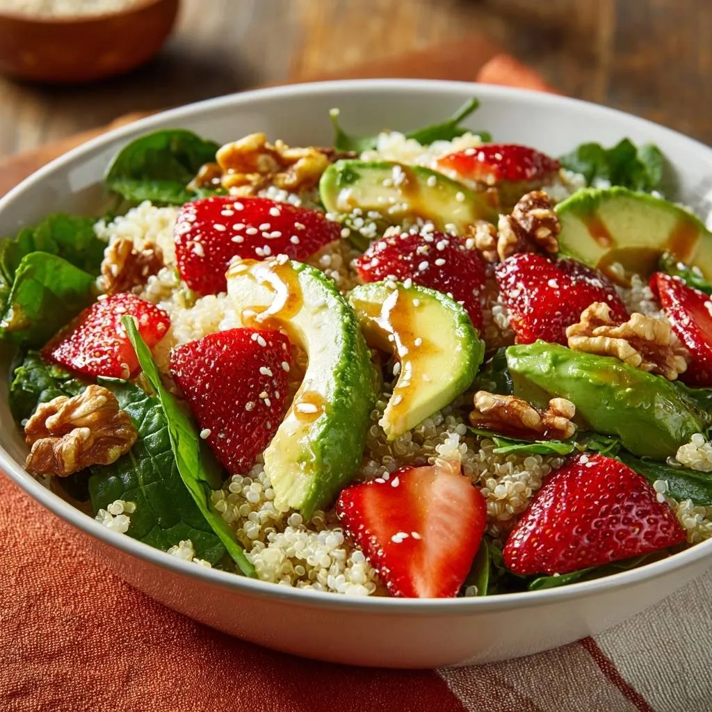 Strawberry avocado quinoa salad drizzled with dressing and topped with sesame seeds and walnuts.