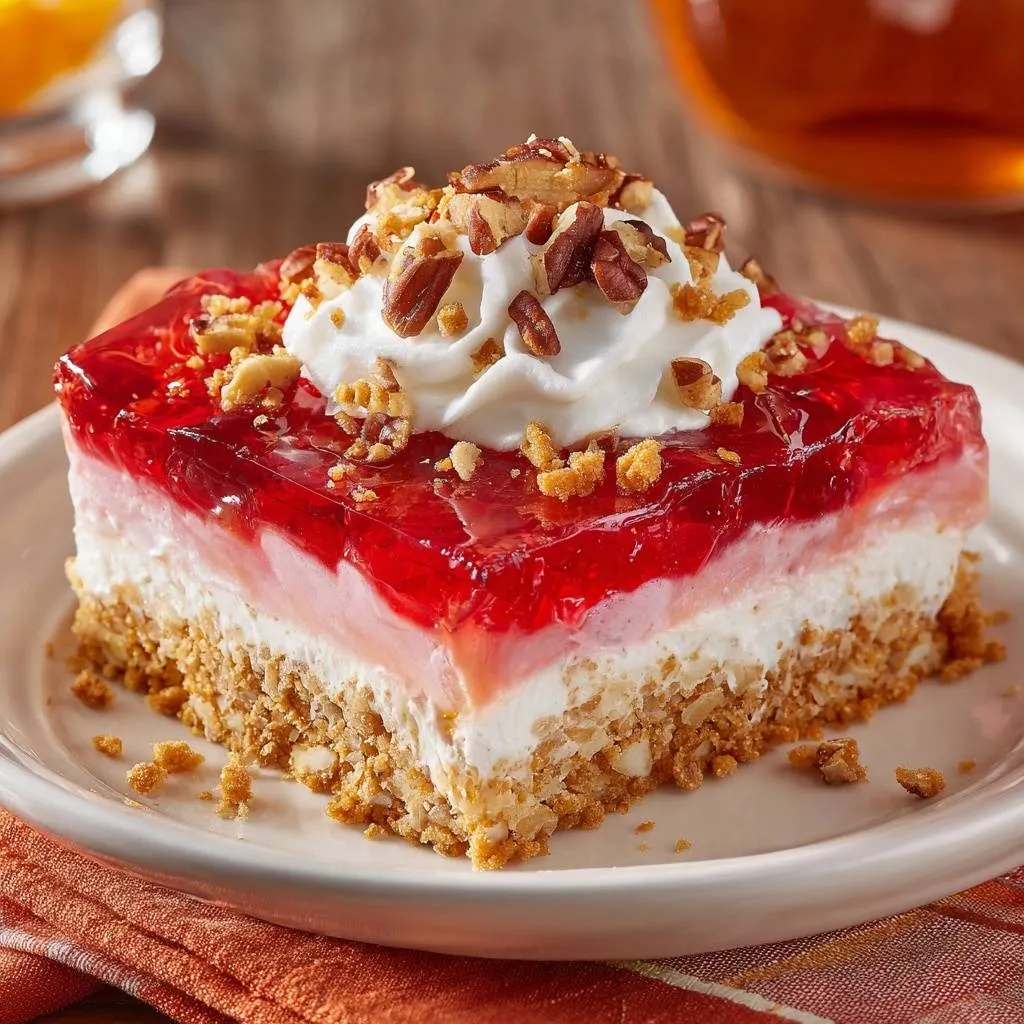 Strawberry pecan jello squares, a plated slice showing distinct layers and a whipped cream topping with nuts.
