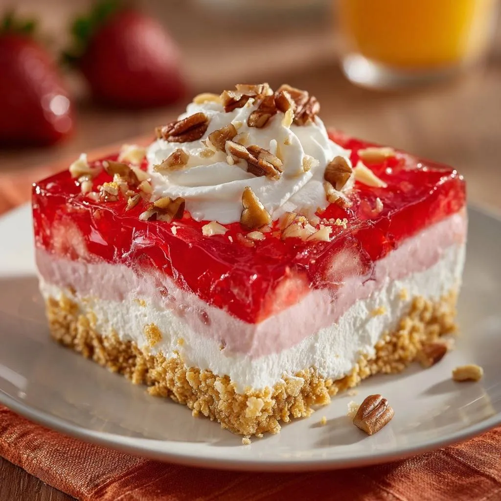 Strawberry Pecan Jello Squares, a plated slice showing the layered dessert with a graham cracker crust and whipped cream topping.