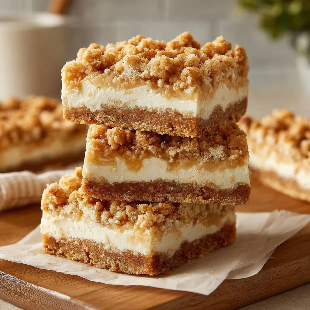 Streusel cheesecake bars with crunchy topping shown in a stacked cross-section, revealing layers of crumb crust, cheesecake, and streusel.